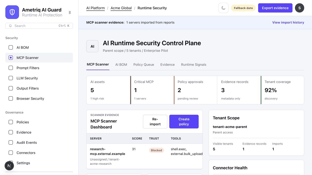 Animated AIGuard demo showing runtime MCP risk, AI inventory, and evidence screens.